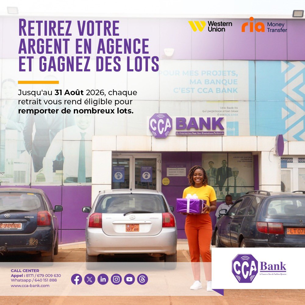 cca_bank's tweet photo. Jusqu'au 31 août 2026, effectuez votre retrait en agence via Western Union ou RIA et vous pourriez repartir avec l'un de nos nombreux lots !🎁🎉

Qu'attendez-vous pour nous rendre visite ? 😊🏃💨

📞 Call Center : 8171 / 679 009 630
💬 Whatsapp : 640 151 888

#CCABank #Cameroun https://t.co/X9Z0Wu0x1v