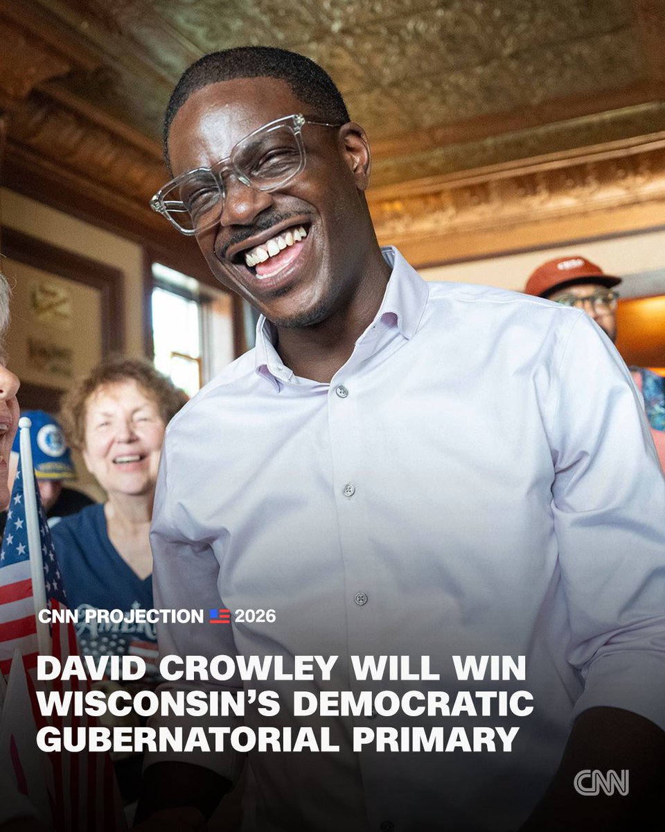 cnnbrk's tweet photo. David Crowley, a Milwaukee County executive, will win the Democratic nomination for governor in Wisconsin, CNN's Decision Desk projects. Crowley defeated Francesca Hong, a state assemblywoman and democratic socialist who sought to ride the momentum of recent progressive victories. Follow live updates: https://t.co/GRb9cXlP94
