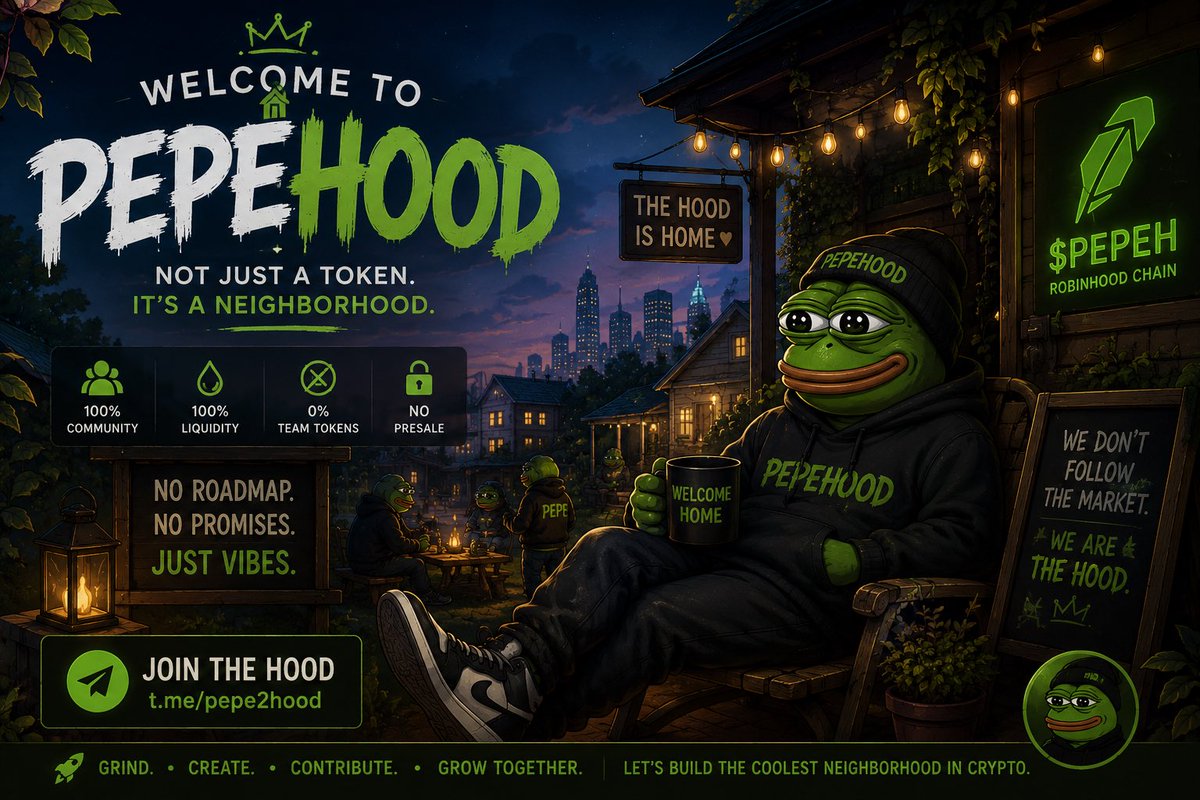 pepe2Hood's tweet photo. THE HOOD ISN’T FOR SPECTATORS.

It’s for the ones who show up.

The meme makers.
The grinders.
The late-night builders.
The ones who turn an empty room into a movement.

Welcome to PepeHood. 🐸

👇 ENTER THE NEIGHBORHOOD🏠
Telegram: https://t.co/60jMvXiEv0

$PEPEH is the native Pepe of Robinhood Chain but the real product is the culture we build together.

No empty promises.
No waiting for someone else to make it happen.

You bring the energy.
We build the Hood.

🐸 1B $PEPEH
🏠 100% Community / Liquidity
🚫 0% Team Tokens
🎟️ No Presale

If you’re looking for somewhere to grind, create, contribute and make noise…

Your seat is waiting.

THIS IS YOUR HOOD. 🐸🏠