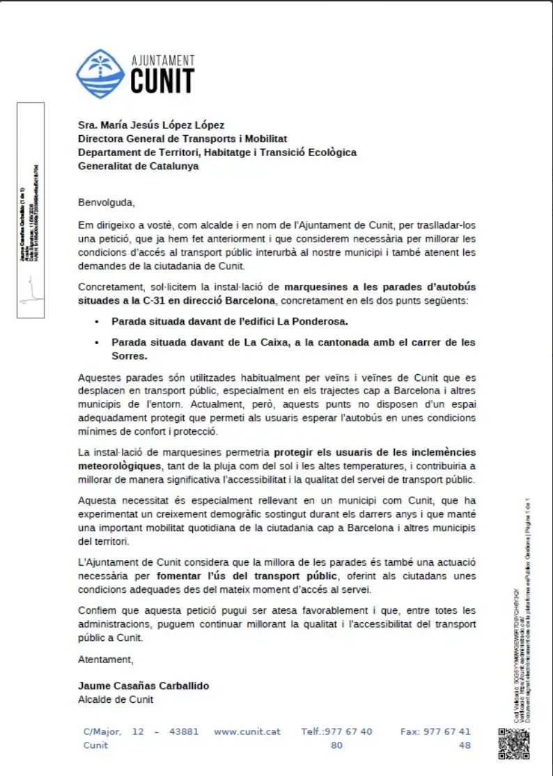 Ajuntamentcunit's tweet photo. ⚠️ L’Ajuntament reitera una petició que ja havia traslladat anteriorment per millorar les condicions dels usuaris del transport públic.
https://t.co/etp4x40HCX #AjuntamentDeCunit #ElTeuAjuntament #Cunit https://t.co/ZvFGgAPaN6