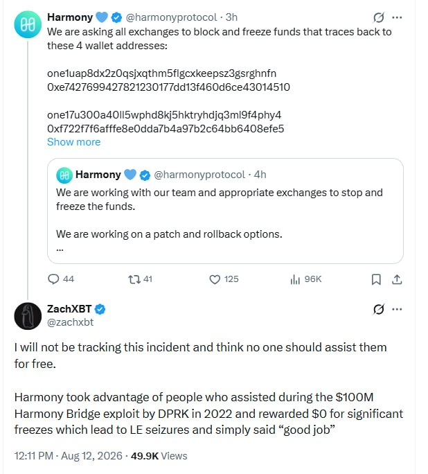 coinbureau's tweet photo. LATEST: ZachXBT refuses to track Harmony’s 4B $ONE exploit and urges others NOT to help for free.

The onchain investigator says Harmony "took advantage" of people who helped freeze funds from its $100M DPRK hack in 2022, rewarding them with $0 and only a “good job.”

The criticism follows Harmony's request from exchanges to freeze 4 wallets tied to the exploit.