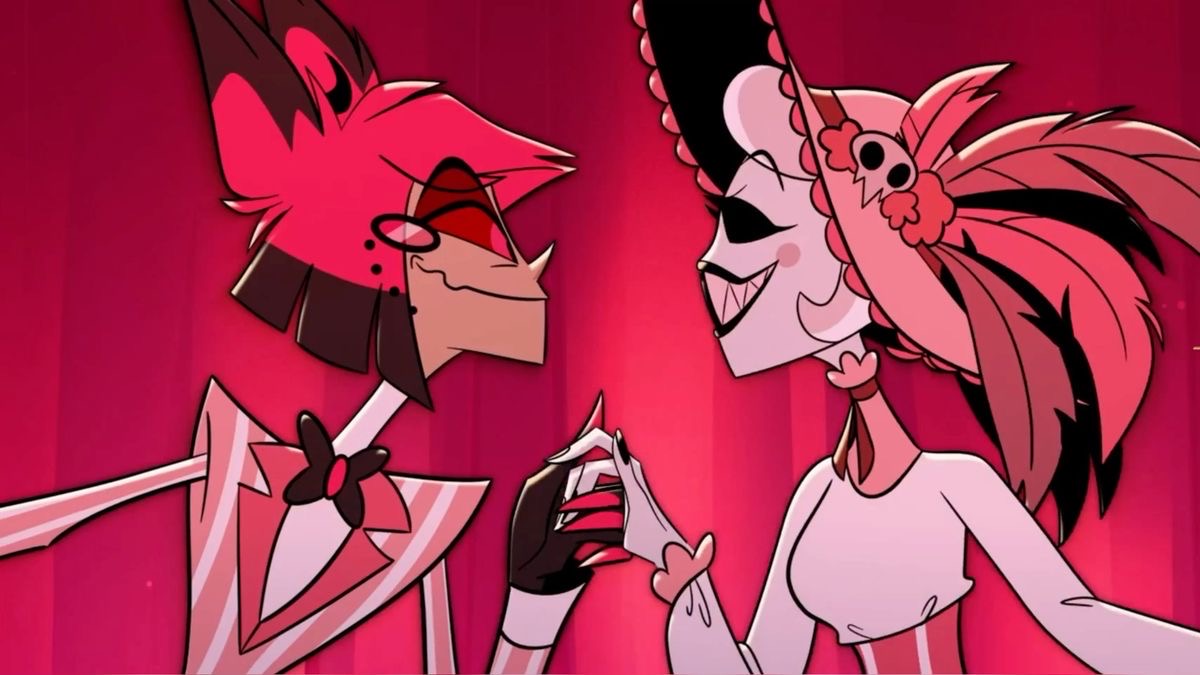 AmberHi22631938's tweet photo. There’s just something about the way Alastor looks at Rosie that just makes me want to kick my feet for some reason. Like you’re telling me he apparently ‘hates’ her according to most of the fanbase? Look at him! He looks as happy as he could be + #radiorose #alastorxrosie https://t.co/hg1nZDr6G8