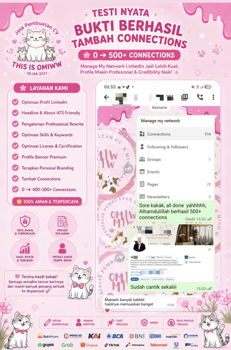 mavericqk's tweet photo. JASA JOKI BIKIN &amp; BUAT CV ATS + OPTIMASI LINKEDIN
✨ https://t.co/fu0T5C05jC ✨

✔️ HR aktif &amp; bersertifikasi BNSP yang mengerjakan langsung
✔️ 8.000+ jobseeker sudah dibantu
✔️ Bisa sekalian optimasi LinkedIn (500+ koneksi)

📌 lolos tersebar di BUMN, MagangHub, BIG4, instansi https://t.co/o7bNyj0COW
