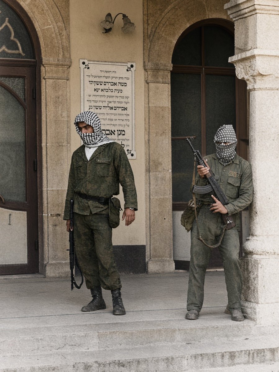 DaniMayakovski's tweet photo. Milicianos palestinos de la OLP defienden la sinagoga judía Maghen Abraham, donde se refugiaban decenas de civiles judíos de la guerra civil libanesa... apenas unas horas más tarde, la sinagoga sería bombardeada y destruida por el ejército de "Israel".

12 de agosto de 1982. https://t.co/RgZXBv8FoH