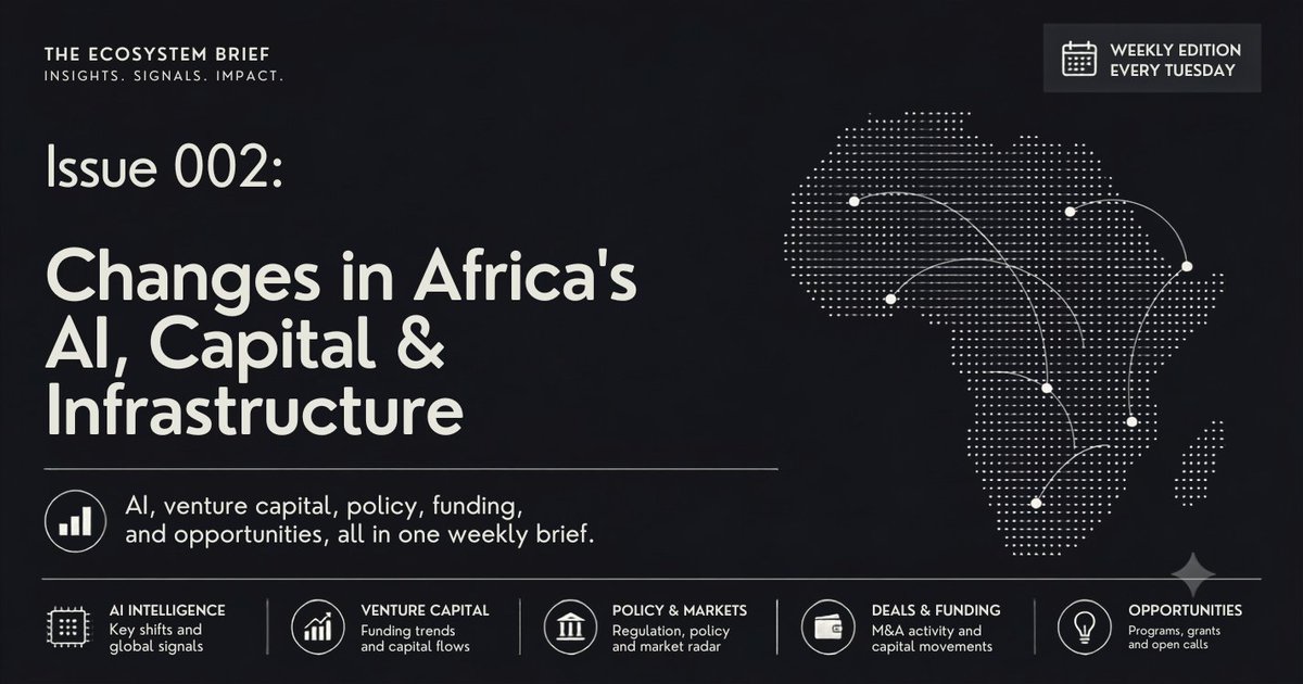 ecosystembrief's tweet photo. Issue 002 of The Ecosystem Brief is out.

AI infrastructure. Capital. M&amp;A. Regulation. And opportunities founders can tap into right now.

If you missed yesterday’s email, go back to your inbox and catch up.

The signals shaping Africa’s AI ecosystem , every Tuesday. https://t.co/xU61BBTiZU