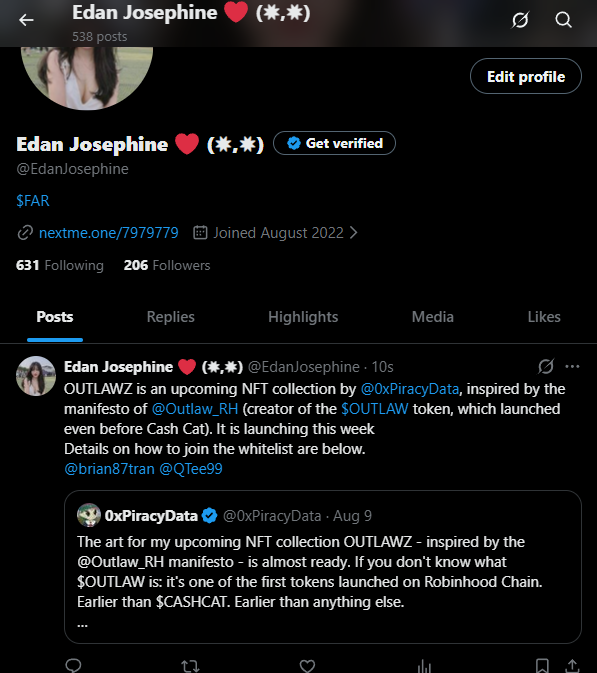 EdanJosephine's tweet photo. @0xPiracyData @Outlaw_RH done
0x58fa502b915bcd2d801d50dd640a0352676d0977 https://t.co/zDCt7gwNxF