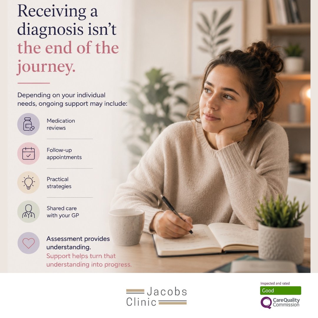 JacobsClinic's tweet photo. Receiving a diagnosis isn't the end of the journey.

Depending on your individual needs, ongoing support may include medication reviews, follow-up appointments, practical strategies and shared care with your GP. https://t.co/RlzrPnKZEy