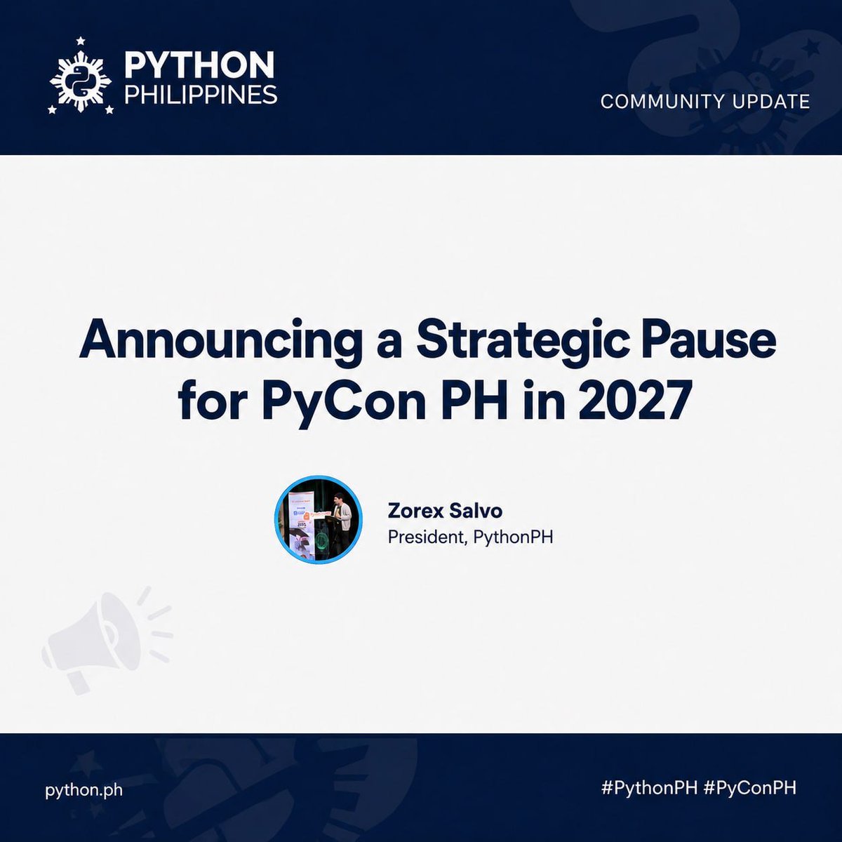 pythonph's tweet photo. PyCon PH is taking a strategic pause in 2027. After four major conferences back to back, we’re choosing consistency over intensity.

A deliberate pause, not a goodbye. We intend to return in 2028. 🐍

https://t.co/GTvbZeLgJS https://t.co/RO5kktdjg7