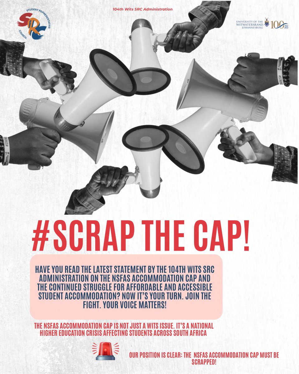Wits_SRC's tweet photo. The NSFAS Accommodation Cap affects students across South Africa and your voice matters in this fight.

Read the statement. Understand the issue. Speak up. Share your story. Join the movement.

#scrapthecap https://t.co/I48ga8TTR7