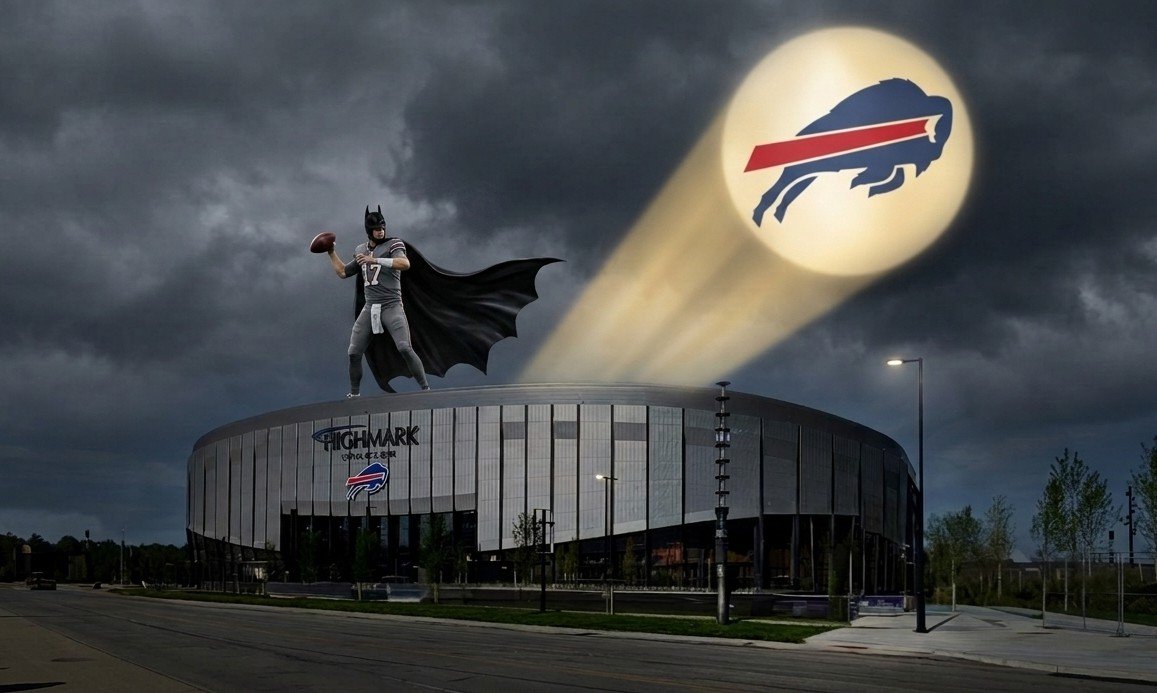 shestick2's tweet photo. Having fun with Gemini. The gray uniforms have me Gotham vibes. 
Go Bills 💙🦬❤️ https://t.co/90nTV8FkK1