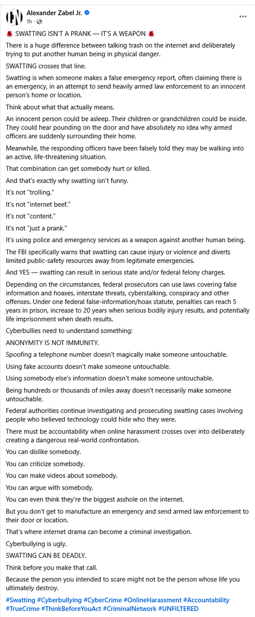 LadyIsabell2's tweet photo. From Alex on Facebook.
#Swatting #Cyberbullying #CyberCrime #OnlineHarassment #Accountability #TrueCrime #ThinkBeforeYouAct #CriminalNetwork #UNFILTERED https://t.co/6ZVNzHC3Jw