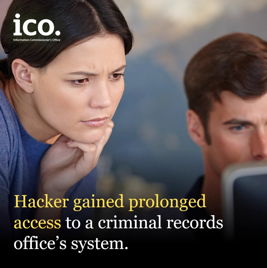 Photograph of a woman and man looking at a computer screen. Text overlay reads: "Hacker gained access to a criminal records office's system"