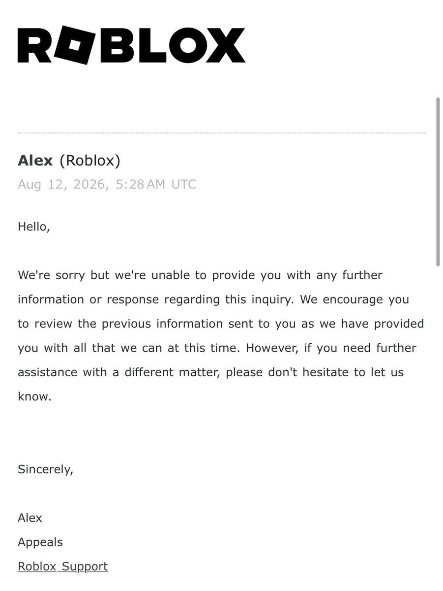 gezi11277's tweet photo. @Roblox Roblox AI permanently banned me
 I only chat with my trusted contacts, and that was July 3, 13 days ago, I didn't even get any warning , and I never had a record of a chat violation

Support Ticket 179299628

I only got all reply from AI

user : @are_56

#Roblox https://t.co/TENpKSk1cQ