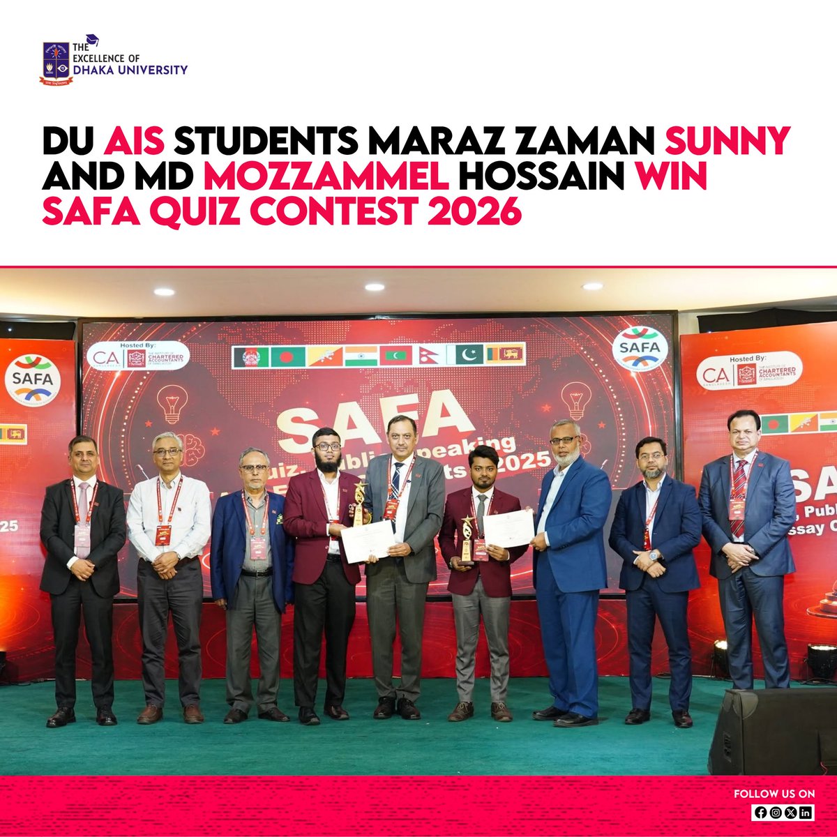 ExcellenceOfDU's tweet photo. DU AIS students Maraz Zaman Sunny (25th Batch) &amp; Md Mozzammel Hossain (27th Batch), representing ICAB, won Joint Championship at SAFA Quiz Contest 2026 in Dhaka, competing against top accounting bodies across South Asia.

#DhakaUniversity #DUAIS #SAFAQuiz2026 https://t.co/wmntc7zbh7