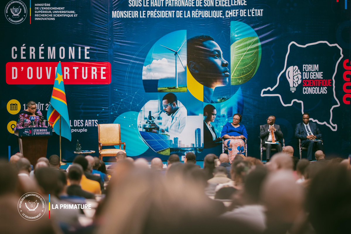 PrimatureRDC's tweet photo. #RDCongo #Science #Innovation
11 août 2026 | Représentant le Président de la République, Félix-Antoine Tshisekedi Tshilombo, la Première Ministre, Cheffe du Gouvernement, Judith Suminwa Tuluka, a procédé à l’ouverture du Forum du génie scientifique congolais (FGSC) 2026.

• Plus de 3 % du budget national prévus en faveur de la recherche scientifique
• 305 innovations identifiées, dont 265 retenues
• Valorisation des inventions et du savoir-faire scientifique congolais
• Transformation de la recherche en solutions industrielles et économiques concrètes

La Cheffe du Gouvernement a réaffirmé l’ambition de faire de la science et de l’innovation des leviers de souveraineté, d’industrialisation et de transformation économique de la RDCongo.