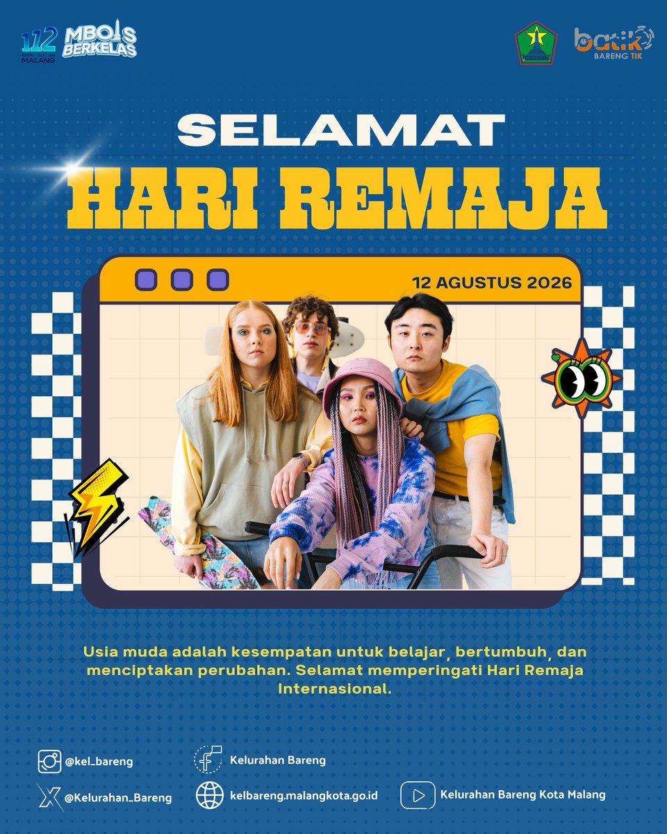 KelurahanBareng's tweet photo. Hallo Nawak Ngerab π
Selamat Hari Remaja Internasional! ππ«
Jadilah remaja yang berani bermimpi, berani berkarya, dan berani membawa perubahan. Karena masa depan dimulai dari langkah kecil hari ini! π
________________
#SatuHatiMengukirPrestasi #MalangMboisBerkelas #InfoMalang https://t.co/GVaw7sZETU