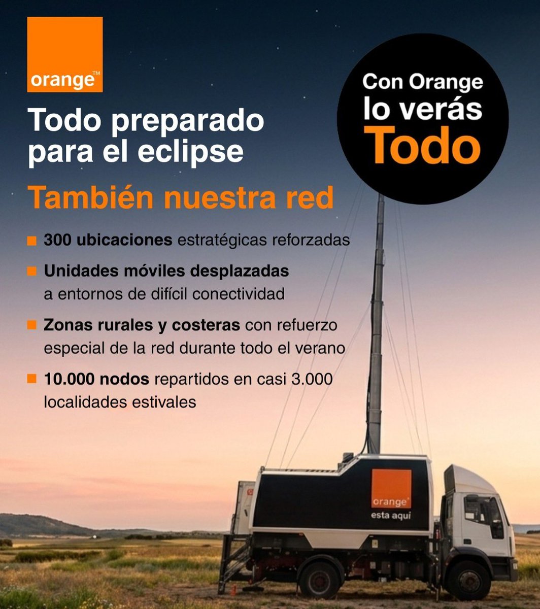 Maini01's tweet photo. ¡Toda nuestra red preparada para el #eclipse! 
En España tenemos la suerte de estar en uno de los mejores lugares del mundo para ver este espectacular fenómeno, así que en @MASORANGE_ES lo hemos preparado todo para este histórico momento. 
Hemos identificado unas 300 ubicaciones estratégicas, donde esperamos mayor afluencia de visitantes, hemos desplazado unidades móviles y hemos reforzado la red para que el aumento de tráfico no afecte a la experiencia de nuestros clientes.

Queremos que, además de disfrutar del momento único, todos puedan compartirlo minuto a minuto! 🤙🏻