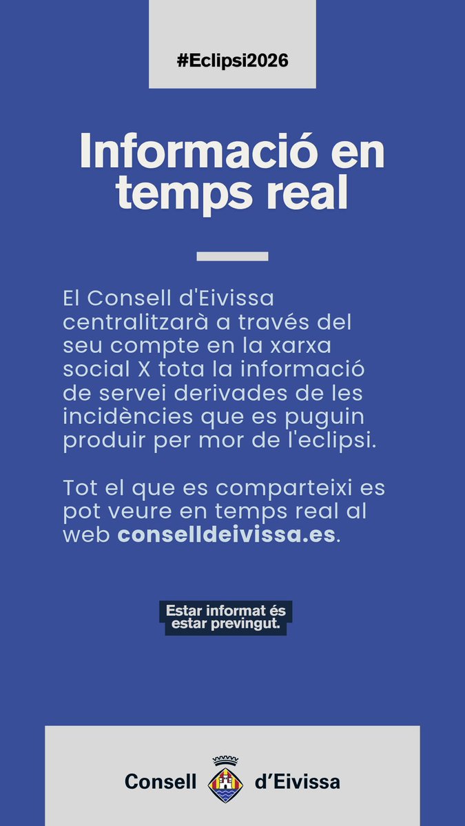 Consell_Eivissa's tweet photo. 🌘 INFORMACIÓ DE SERVEI | #Eclipsi2026

Des de les 11.30 h, aquest perfil informarà en temps real de les restriccions, els talls de circulació i les afectacions al transport públic.

Planificau els desplaçaments i seguiu les indicacions del personal responsable. https://t.co/qOY9hwKxwy