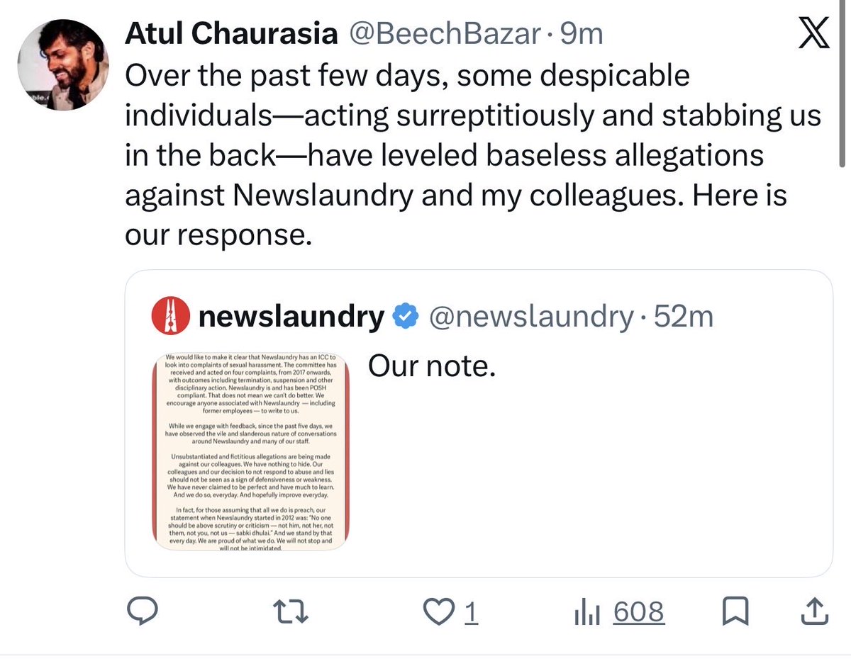 Iyervval's tweet photo. This tweet has now been deleted. But imagine if anyone complaining was labelled as “acting surreptitiously” &amp; “stabbing is in the back” &amp; “baseless allegations”; imaging how much worse the harassment, abuse and gaslighting would’ve been in person? https://t.co/X56nBGdehk