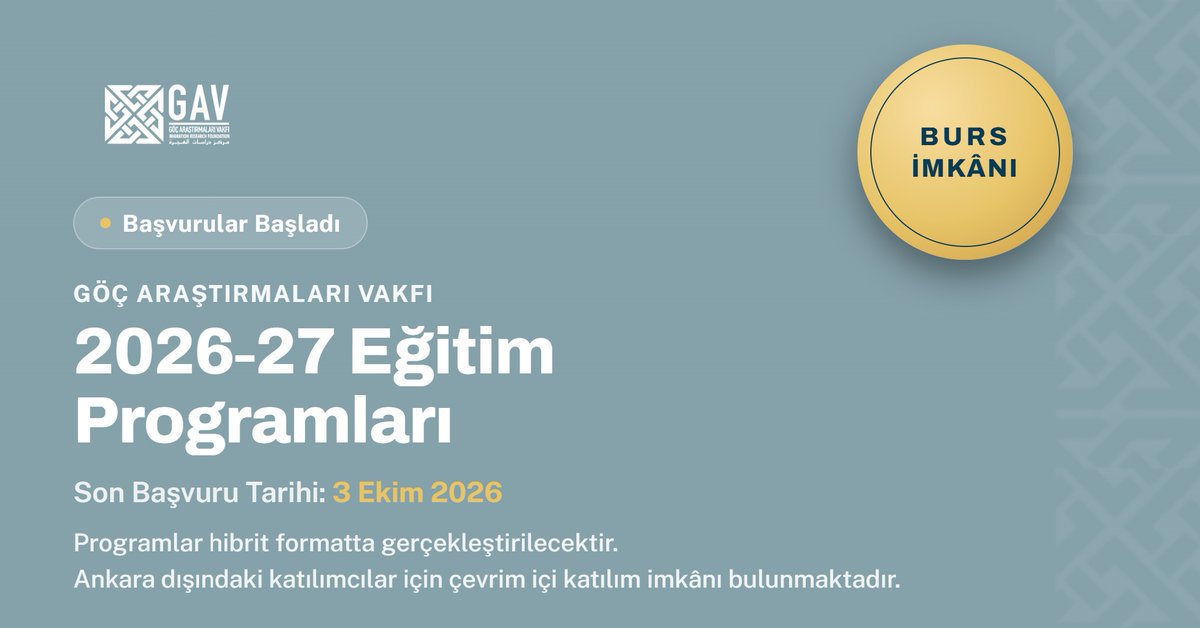 Goc_Vakfi's tweet photo. Göç Araştırmaları Vakfı Eğitim Programlarına Başvurular Başladı! 

2026-2027 dönemi için düzenlenen kademelendirilmiş eğitim programlarıyla vakfımızın çalışma alanlarında uzmanlaşmak isteyen araştırmacıları bekliyor! 

Son Başvuru Tarihi: 3 Ekim 2026