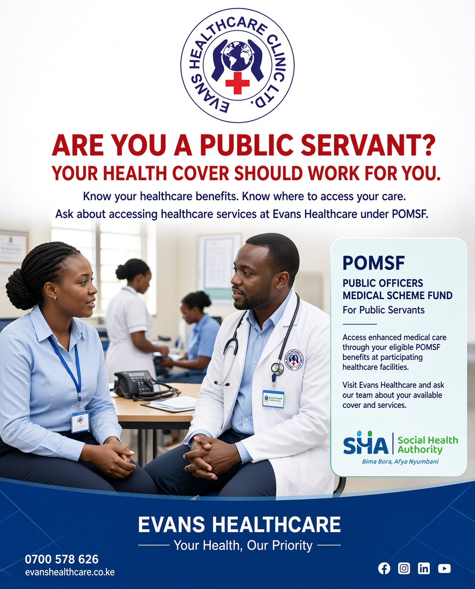 EOyugis's tweet photo. Public servants, your health cover should work for you.
Access quality care at Evans Healthcare under your POMSF benefits.
Know your cover. Use it. Stay healthy.
Call 0700 578 626 or visit https://t.co/tN17N4u1wq https://t.co/ON7EtAhX0U