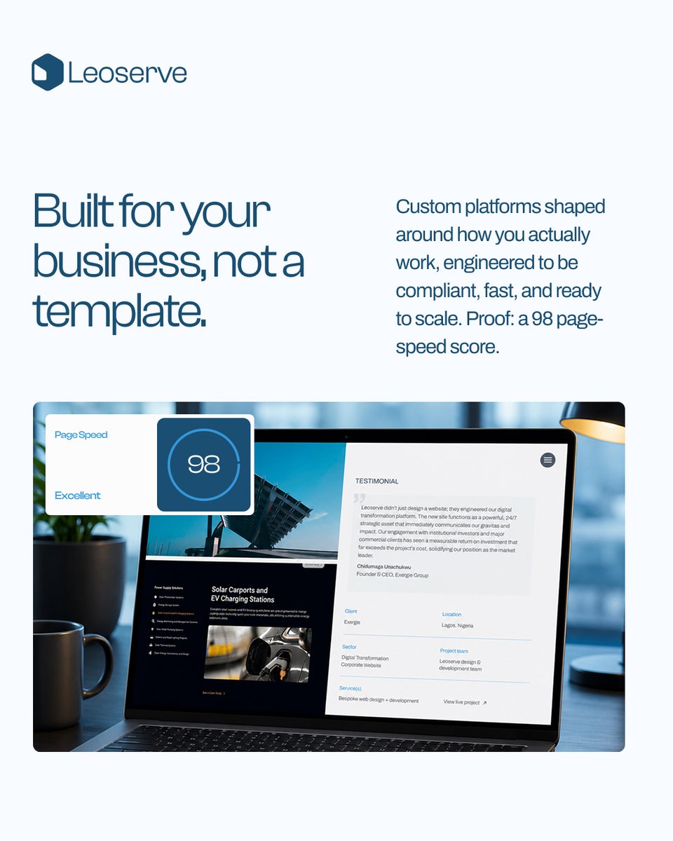 LeoserveInc's tweet photo. Templates solve the template's problem. Your business is not a template.

We build custom platforms shaped around how you operate. A 98 page-speed score isn't luck—it’s what happens when a site is engineered for you, not off the shelf.

#CustomDevelopment #Leoserve https://t.co/bE5TSMRY3N