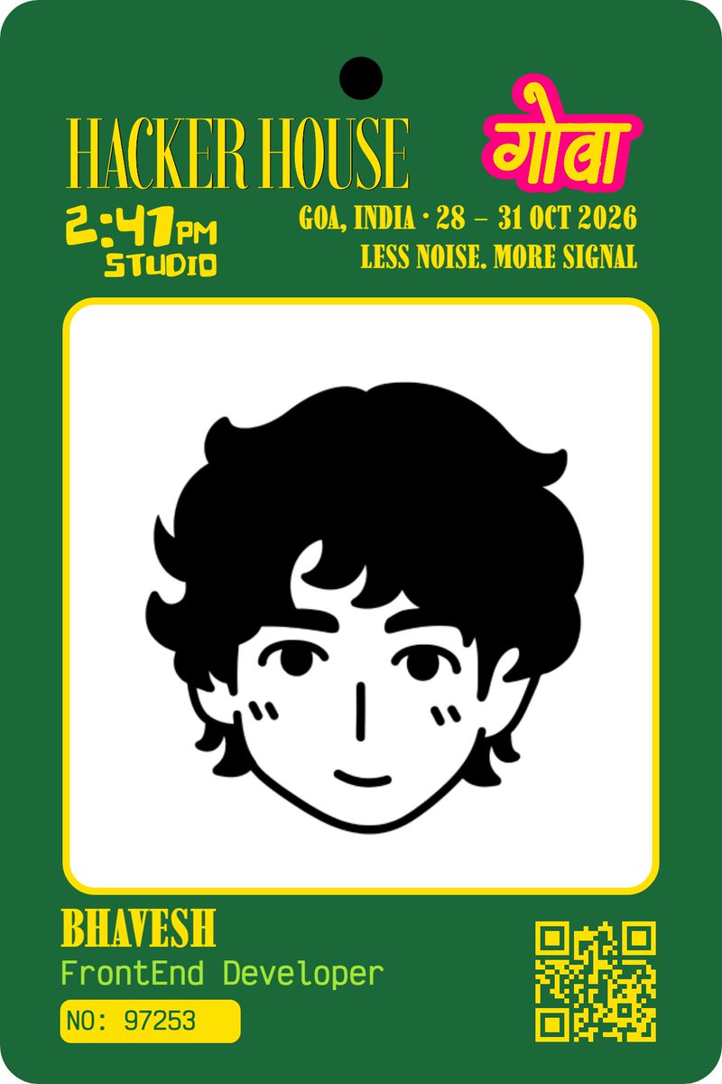 BH4VE5H's tweet photo. Built a fun & interactive ID Card Builder for Hacker House Goa 2026! 🌴⚡
Create your own Builder ID, customize it, and share it with the community.
🪪 Get yours: https://t.co/RhLGhmwP7M
👀 Check out mine: https://t.co/4qgYmrjPPk
#FrameInGoa
@247pmstudio https://t.co/nM40DVWJr1