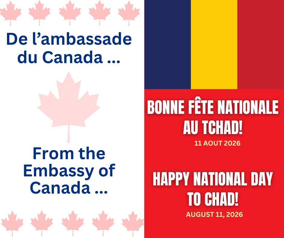 CanadaCameroon's tweet photo. The Embassy of Canada extends its warmest wishes to the people of Chad on the occasion of their National Day. 🇨🇦🤝🇹🇩 Happy National Day, Chad! https://t.co/qpGaq2Ur5Y