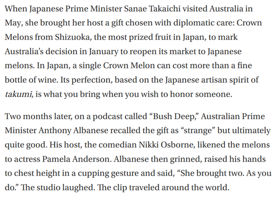 GraffitiExpert's tweet photo. Eneos buys rare cargo of Canadian crude as Japan seeks to diversify away from Middle Eastern crude -> https://t.co/3FnwfUUAcy
"Australia's closest security partner in Asia, and her state gift became a breast joke on a crude podcast" -> https://t.co/VfX8n1lFx5 #MelonGate https://t.co/2dgvcvoX77