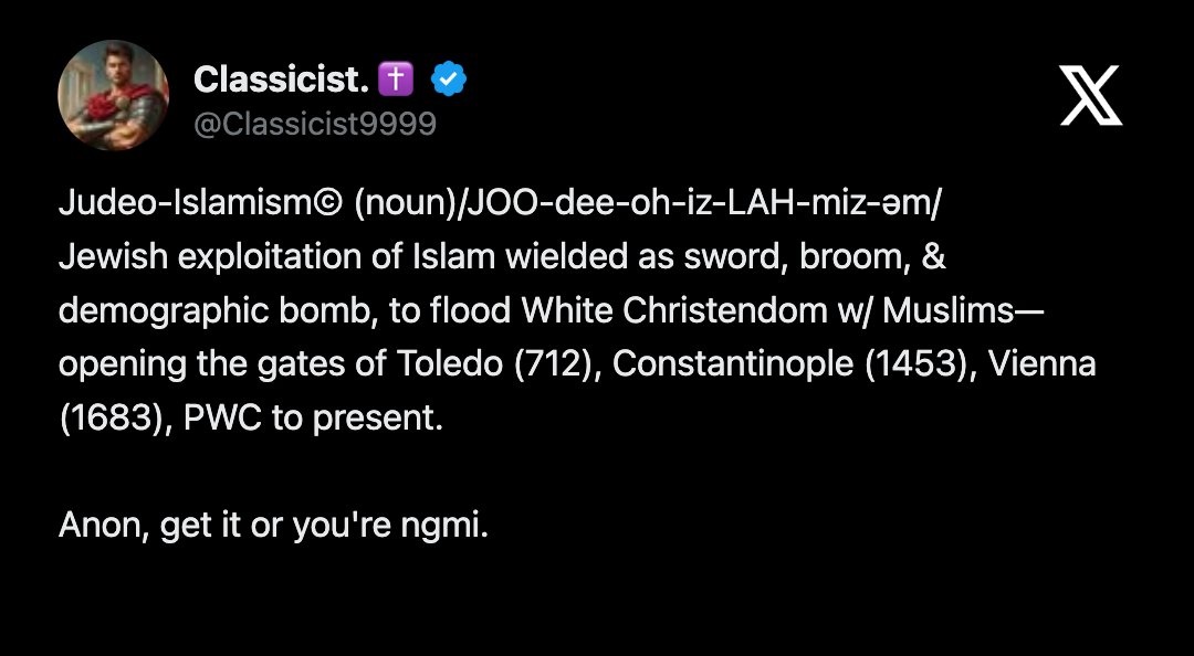 Classicist9999's tweet photo. @RupertLowe10 >Restore Britain’s policy of banning both halal and kosher slaughter.

✅A good start.

🚫✡️➕☪️Next, ban jews and Muslims from White Christian Britain. Make Britain Great Again.

Say NO to Judeo-Islamism©.

✅➡️Follow @Classicist9999 https://t.co/naF8hFWKQR