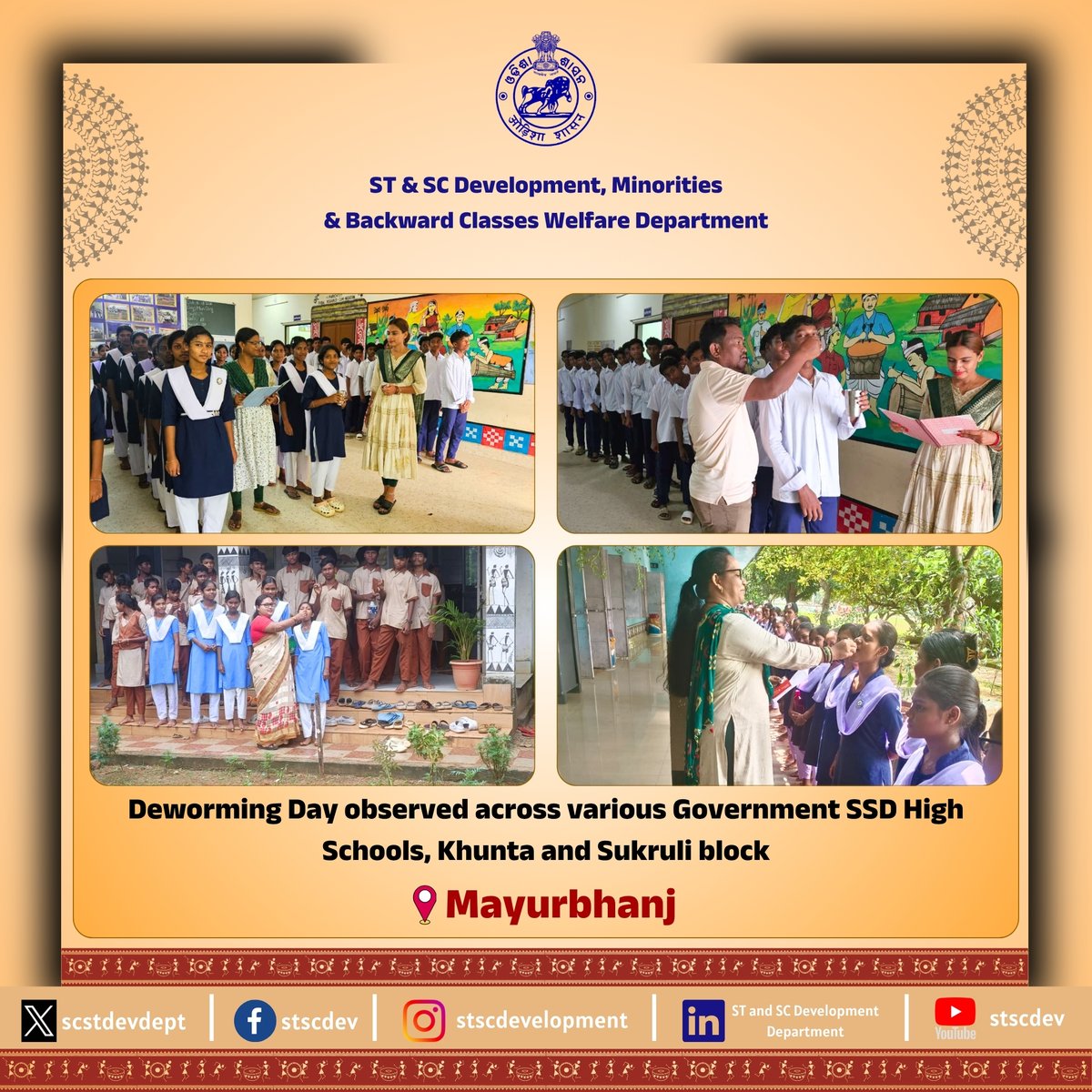 scstdevdept's tweet photo. #Deworming Day observed across various Government SSD High Schools in Khunta and Sukruli Blocks of Mayurbhanj District, promoting healthy growth, hygiene awareness and better well-being among students. https://t.co/l3E0VYxu1x