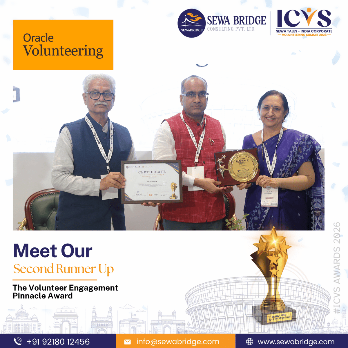 Sewa_Bridge's tweet photo. Congratulations to 𝗢𝗿𝗮𝗰𝗹𝗲 𝗩𝗼𝗹𝘂𝗻𝘁𝗲𝗲𝗿𝗶𝗻𝗴 for being recognised as 𝗦𝗲𝗰𝗼𝗻𝗱 𝗥𝘂𝗻𝗻𝗲𝗿 𝗨𝗽 in the 𝗩𝗼𝗹𝘂𝗻𝘁𝗲𝗿 𝗘𝗻𝗴𝗮𝗴𝗲𝗺𝗲𝗻𝘁 𝗣𝗶𝗻𝗻𝗮𝗰𝗹𝗲 𝗔𝘄𝗮𝗿𝗱 at 𝗦𝗲𝘄𝗮 𝗧𝗮𝗹𝗲𝘀 - 𝗜𝗖𝗩𝗦 𝗔𝘄𝗮𝗿𝗱𝘀 𝟮𝟬𝟮𝟲.

#ICVSAwards #ICVS2026 #SewaTales https://t.co/JwVUPGVVai