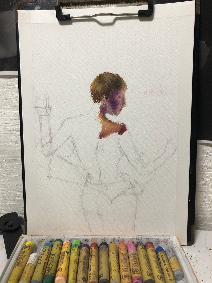 Vagulyarts's tweet photo. 2026/5～
ゼロから独学。アート検証開始
(※人体1枚目&amp;過程は＠Vagulyarts 固定参照。)

[オイルパステル画log10-1/3］

DAY55(合計:14作目)

人体07/10

水彩画用紙、クレパス

オイルパステル表現/ステレオメトリー/人体構造把握と再現/色彩実験

#サクラクレパス 
#オイルパステル
#クロッキー https://t.co/QVIJWU4rVA