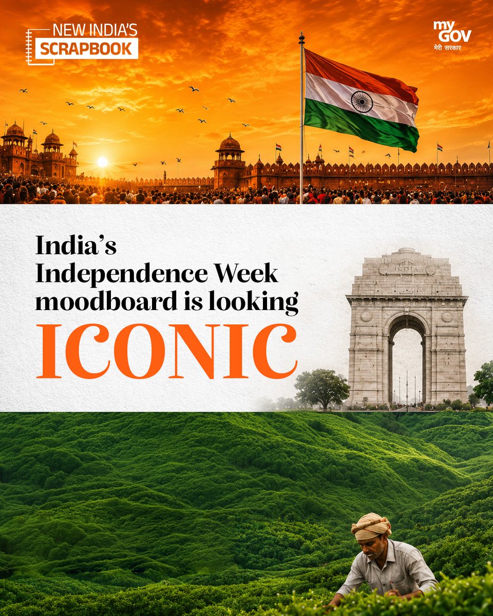 mygovindia's tweet photo. The Independence Week mood? ICONIC. 
Tiranga in the sky. Pride in every heart. #NewIndia in every frame.

From timeless traditions to major national milestones, here is this week’s #NewIndiaScrapbook, capturing everything that makes this moment feel extra special. 

#IndependenceDay2026 #HarGharTiranga