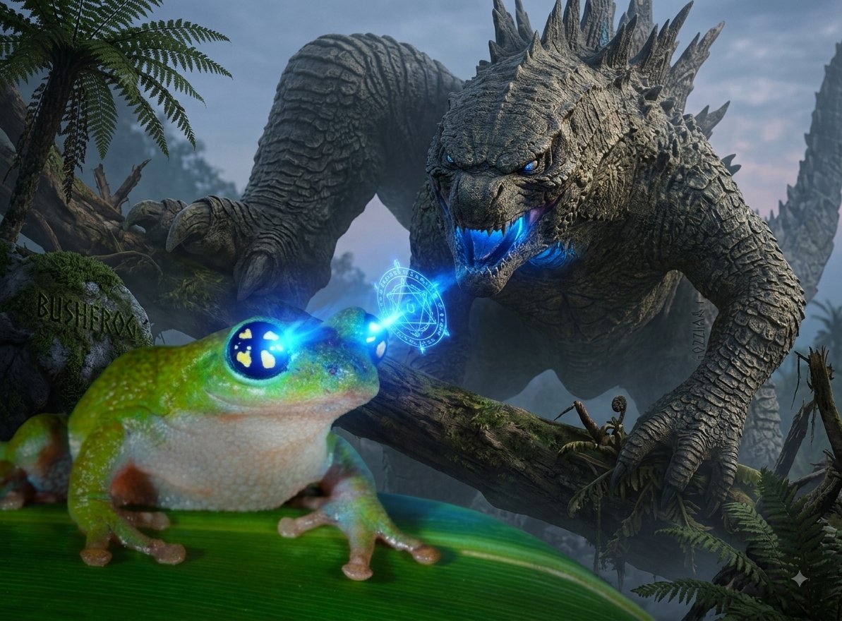 So2nC's tweet photo. $Bushfrog vs Godzilla https://t.co/YDCENERTQG