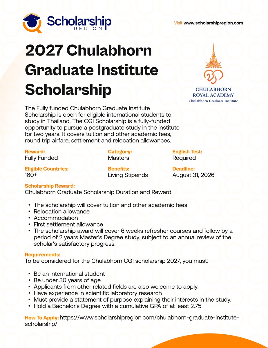 scholarsregion's tweet photo. List of Scholarships in Asia for International Students Without IELTS or TOEFL Requirements. #SRThread
Government of Japan MEXT Scholarship at Asia Pacific University (APU) 2027 | Fully Funded
https://t.co/U7ohIMt6xx
National Taiwan University of Science and Technology Scholarship (NTUST) 2027
https://t.co/BxOPZW9RSn
Qatar Government Scholarships 2026/27 (Fully Funded)
https://t.co/RwCRBIlio0
Osaka University MEXT Scholarships in Japan 2027 | Fully Funded
https://t.co/3xUDX00Vtd
Schwarzman Scholarship 2027 Program in China | Fully Funded
https://t.co/rCwy4MrMce
Chulabhorn Graduate Institute Scholarship in Thailand 2027 (CGI) | Fully Funded
https://t.co/8REOpXwqsA