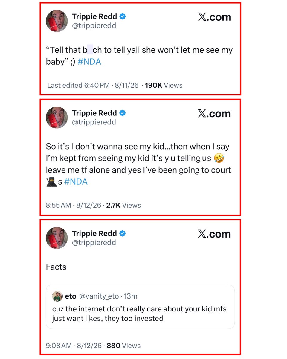XXL's tweet photo. Trippie Redd claims Coi Leray won't let him see their child.

On Tuesday (Aug. 11), Trippie made the claim in a post on social media.

"'Tell that b**ch to tell yall she won’t let me see my baby' ;) #NDA," he typed on X. 

On Wednesday morning (Aug. 12), he added to the claim, typing, "So it’s I don’t wanna see my kid…then when I say I’m kept from seeing my kid it’s y u telling us 🤣 leave me tf alone and yes I’ve been going to court 🥷s #NDA."

The Ohio rapper's post came hours after Coi released a new song snippet that finds her appearing to take a shot at Trippie, where she croons, "Looking back at my ex, like, damn, how the f**k you do that?"

Trippie Red and Coi Leray broke up during her pregnancy last January due to Trippie's alleged infidelities. They welcomed their daughter Miyoco last June. 

Trippie is prepping the release of his new album NDA, which is scheduled to drop on Friday (Aug. 14).

XXL has reached out to Coi Leray's team for comment.