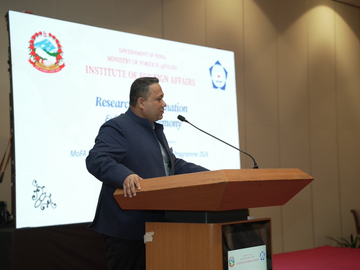 MofaNepal's tweet photo. Hon. Foreign Minister Mr Shisir Khanal addressed the Closing Ceremony of the MoFA Summer Fellowship & Internship Programme 2026 today, hosted by the Institute of Foreign Affairs.

The Hon. Foreign Minister emphasised the important role of evidence-based research, youth engagement and informed public discourse in shaping Nepal’s foreign policy and diplomatic practice.

During the 8-week programme, 10 Fellows and 10 Interns presented policy research and recommendations across 5 key strategic thematic areas to support national policy formulation.