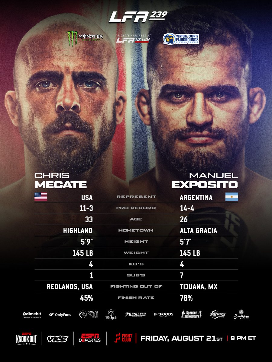 LFAfighting's tweet photo. #LFA239 Tale of the Tape ๐
Takes place Friday, August 21st at the Ventura County Event Center in #Ventura #California
๐๏ธ: https://t.co/zyMSjYNI6D
๐ฒ Main card live on @VICETV @ESPNDeportes @ESPNKnockout at 9 p.m. ET
Featured prelims on @SpectationNet https://t.co/iqmdZwAz7a