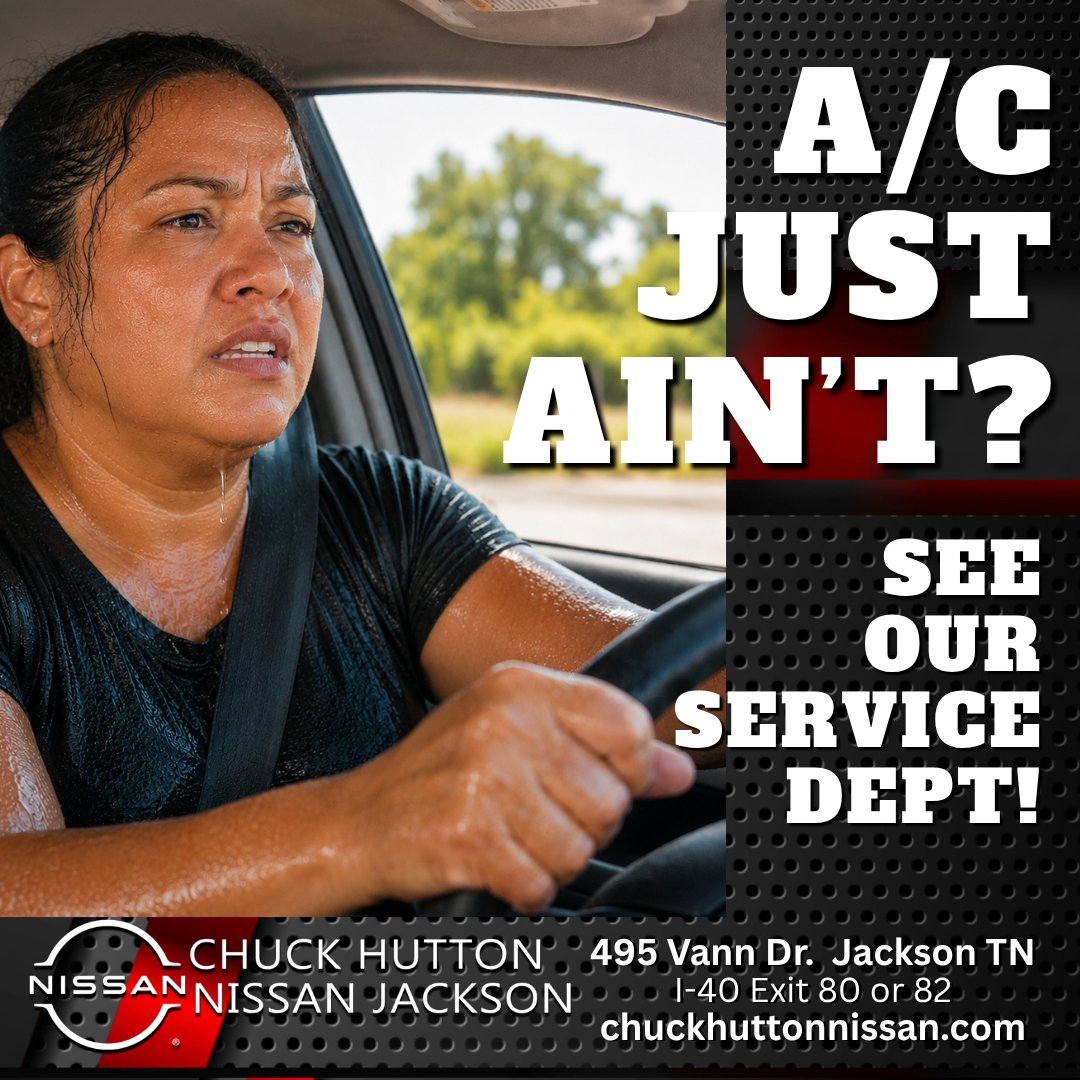 CHNissanJackson's tweet photo. A/C ain’t gettin’ it done? Summer is far from over in Jackson. ☀️🥵
If your vehicle is blowing warm air or just not keeping up with the heat, bring it to the Chuck Hutton Nissan Service Department.
#ChuckHuttonNissan #NissanService #ACService #JacksonTN #StayCool https://t.co/Mx2Dvj5nFT