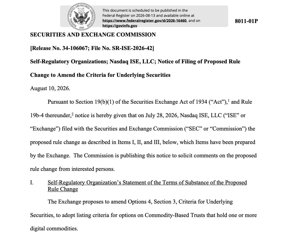 IOV_OWL's tweet photo. 🇺🇸 NASDAQ FILES TO EXPAND CRYPTO ETF OPTIONS

BTC. ETH. SOL. XRP. LINK. HBAR.

All potentially sitting inside the same crypto basket.

Nasdaq ISE just filed a major proposed rule change with the SEC that could standardize how options on digital commodity ETFs are listed.

Under the proposal:

• Qualifying options could be listed without additional SEC approval for each product

• Up to 15% of a basket could include digital commodities that don't meet the derivatives-market requirement

• Each digital commodity must meet a $700M+ average daily global market value threshold

• Nasdaq replaces “crypto asset” with “digital commodity”

• Digital commodities are explicitly distinguished from securities

Wall Street is building standardized infrastructure for an entirely new asset class.