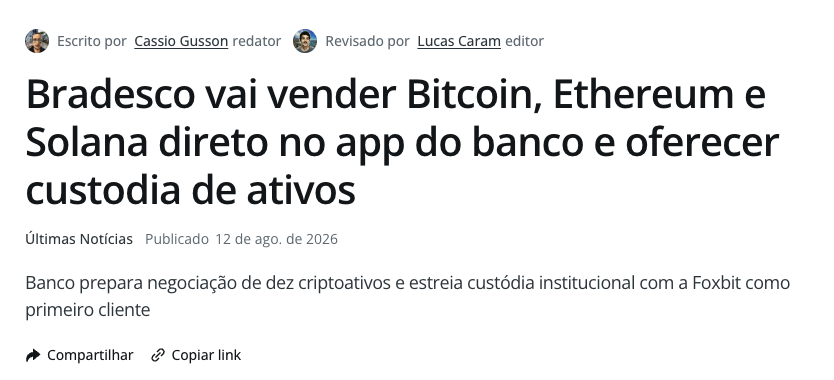 opapoeconomico's tweet photo. Bradesco vai vender Bitcoin, Ethereum e Solana direto no app do banco. Começa com 10 criptoativos.

Além disso, lança custódia institucional — Foxbit é o primeiro cliente. Gestores, fundos e tesourarias vão poder guardar crypto no Bradesco.

Itaú já tem. Agora Bradesco entra. Os dois maiores bancos privados do Brasil vendendo BTC no app.

Quem ainda acha que crypto é nicho tá ignorando quem tá entrando no jogo.