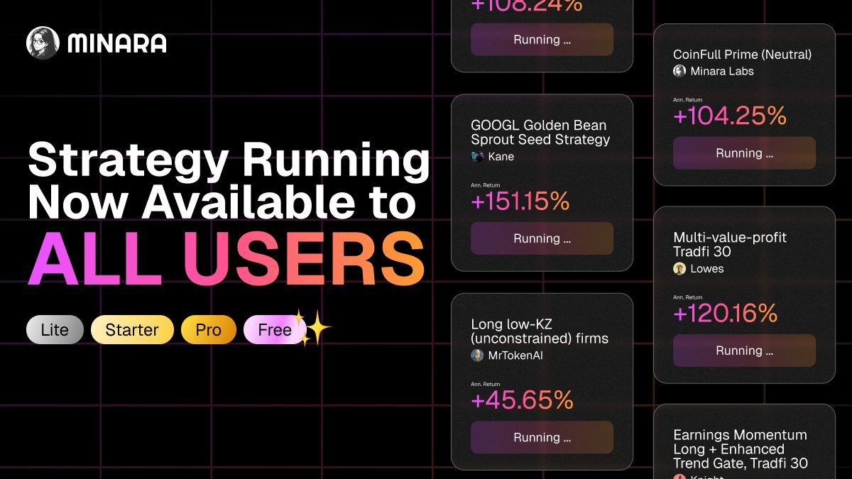 minara's tweet photo. Strategy running is now open to every Minara plan, including Free. ✅

Start from trending top strategies: 
https://t.co/YvnUkhRBar https://t.co/5o8WKlWl0C