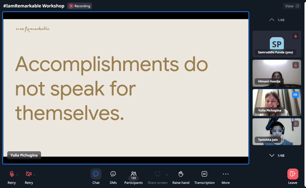 SamruddhiPande's tweet photo. Week 2, Session 1: #IamRemarkable workshop w/Yulia Pichugina. "Accomplishments do not speak for themselves."

My achievement: I'm proud of consistently trying new things, stepping outside my comfort zone, and staying curious✨
@connectdoradao #GWYFellowship #DoraDOA https://t.co/rUxbPZOzMV