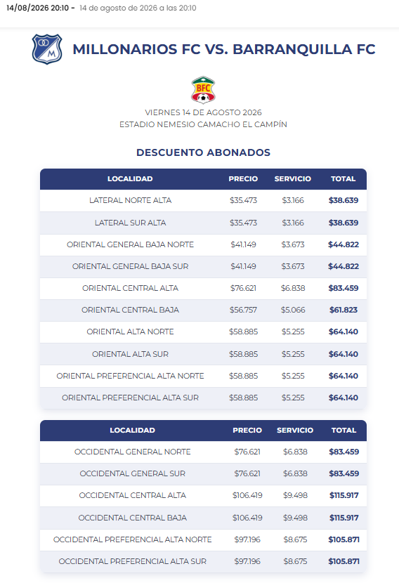 Millos_FC's tweet photo. Ya están a la venta las boletas para el partido del viernes vs Barranquilla por Copa. Abonados tienen un descuento al ingresar su documento: https://t.co/xjsnAgP7Fh