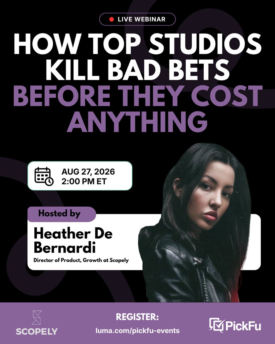 PickFu's tweet photo. Most studios make their biggest creative calls on instinct or internal opinion. That's a costly mistake.

Learn how Heather De Bernardi (Director of Product, Growth at @scopely) pre-qualifies game concepts, characters, features, and store creative – before spending a dollar on UA. 🎮

Register for the live workshop (we'll share the recording): https://t.co/03ejoUn7pg