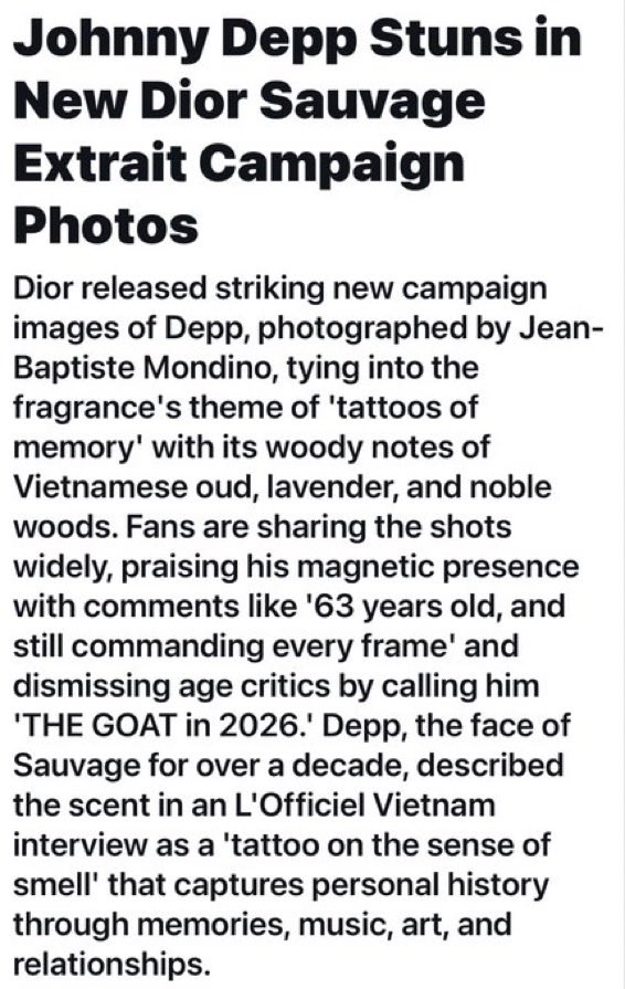 GatsbyV82246's tweet photo. #TRENDINGTodaysNews
#TRENDINGEntertainment
Johnny Depp Stuns in
NEW Dior Sauvage
Extrait Campaign Photos
#TatoosOfMemory
#TheGOATin2026
#JohnnyDeppNoOneCompares https://t.co/xvmE7Zd9mI