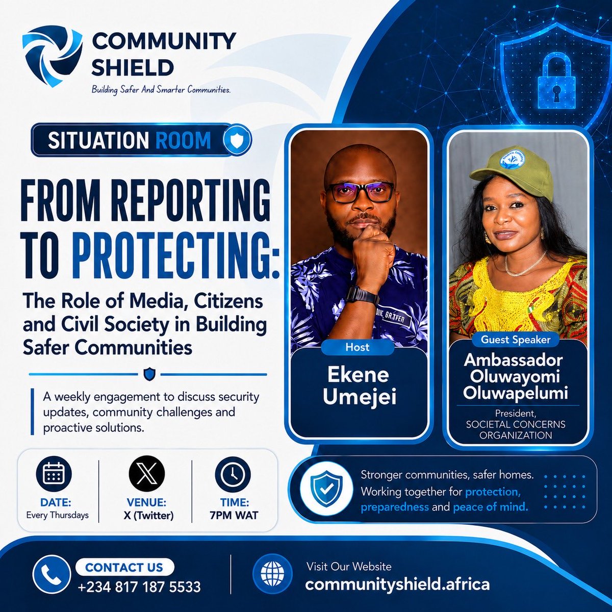 CommShieldAF's tweet photo. Set a reminder for my upcoming Space! https://t.co/a5nzbIBRan

Join us Thursday, 7PM WAT on X for Community Shield Situation Room.

From Reporting to Protecting: Media, citizens &amp; civil society building safer communities.

#CommunityShield #SituationRoom https://t.co/VLQLPyVCKf