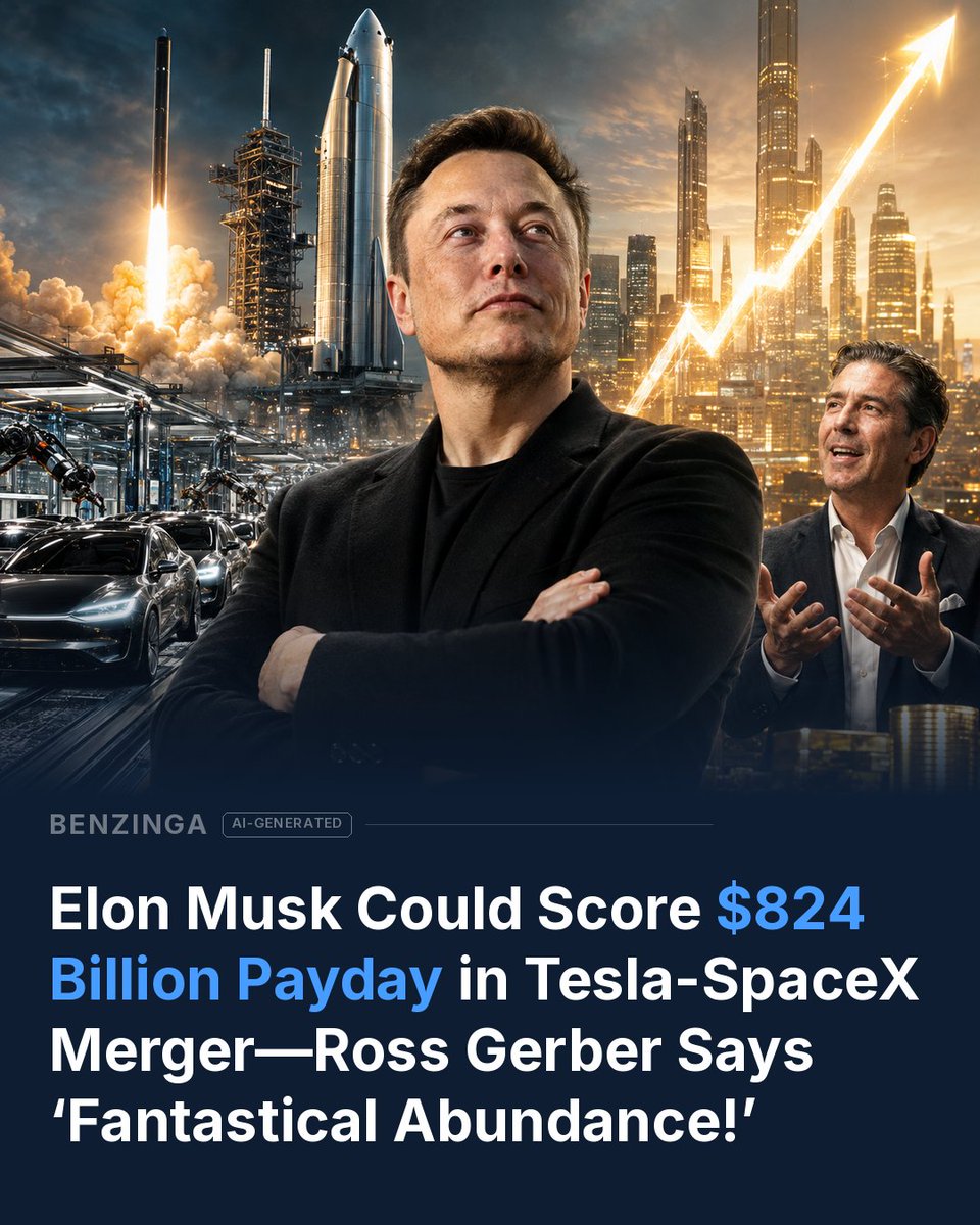 Benzinga's tweet photo. Elon Musk could receive a payout worth as much as $824 billion under a provision in Tesla’s ($TSLA) compensation package if the company is acquired or merged with another business such as SpaceX ($SPCX). Investor Ross Gerber reacted to the possibility by calling it “fantastical abundance.”

The compensation plan was originally described as potentially worth around $1 trillion. However, the maximum value has reportedly fallen to about $824 billion because Tesla’s outstanding share count has increased since shareholders approved the package.

Musk’s award is normally tied to performance milestones involving vehicle deliveries, Full Self-Driving subscriptions, Robotaxis, Optimus and other operating targets. A merger or acquisition could change how those requirements are treated.

According to the report, half of the operating milestones could effectively be considered achieved in a takeover scenario. That would leave Tesla’s market-value targets as the main factor determining how much of the award Musk ultimately receives.

The package also reportedly uses either Tesla’s acquisition price or its market value immediately before a deal, whichever is higher. A transaction valuing Tesla at roughly $8.5 trillion could potentially allow Musk to receive the full 424 million shares tied to the plan.

Gerber’s comments come as investors continue debating Tesla’s long-term growth story. Future Fund’s Gary Black has questioned whether Tesla can successfully scale unsupervised autonomous driving and said investor confidence in the technology may be weakening.

At the same time, Musk continues linking Tesla’s future with SpaceX technology. He recently argued that Starlink could eventually provide high-bandwidth connectivity to billions of vehicles worldwide.