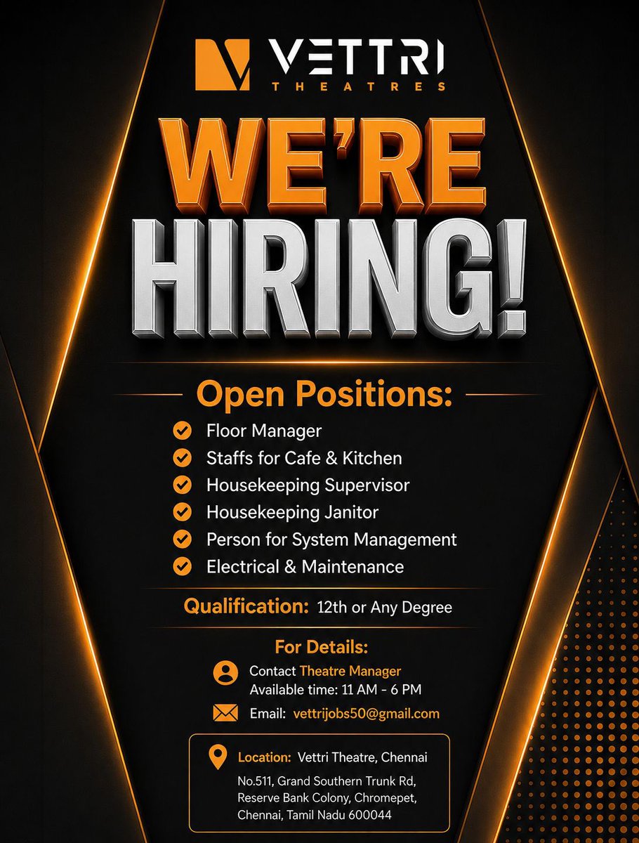 VettriTheatres's tweet photo. We need people to serve our audience better !!!

#vettri #job https://t.co/otjqT6jLqQ